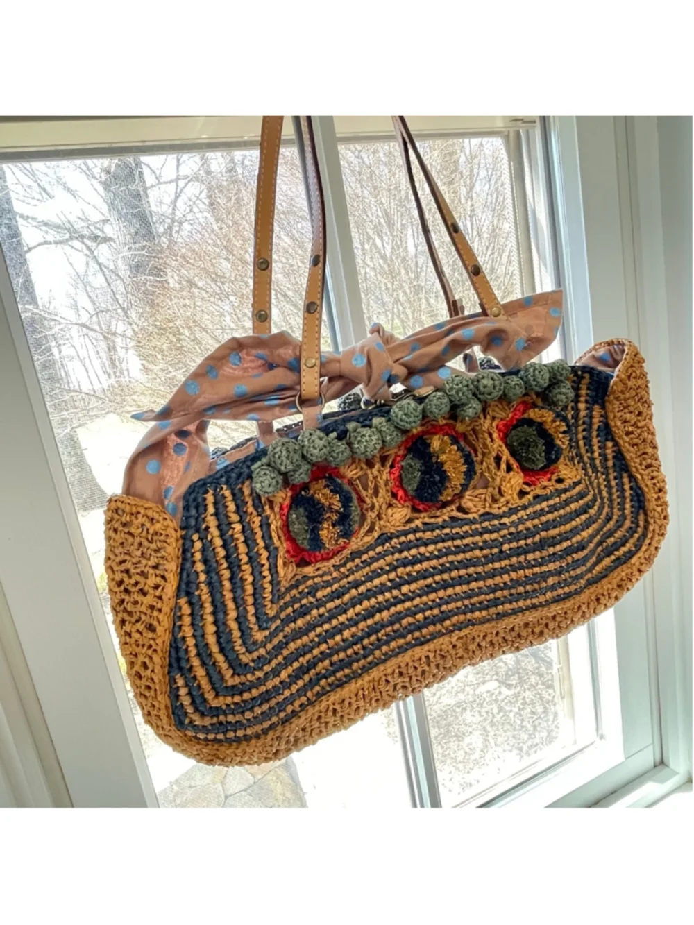 Sans-Arcidet Paris Raffia Straw Tote Bag Boho Crochet Pom Pom Beach